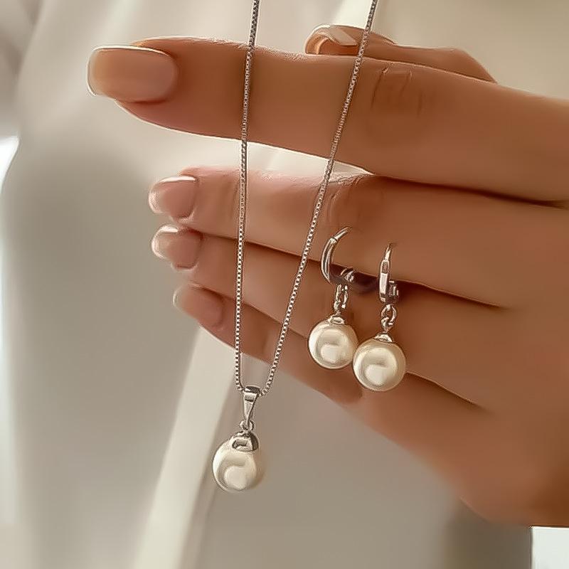 3 Pcs Minimalist Round Imitation Pearl Earring Necklace for Women Vintage Elegant Box Chain Necklace Wedding Jewelry Set Gift