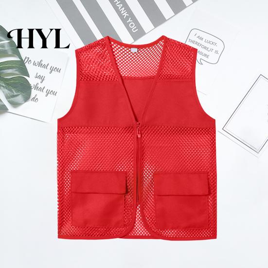 Vest Coat Hollow Out Zipper Placket Double Pockets V-neck Work Volunteer Bright Color Loose Fit Unisex Waistcoat