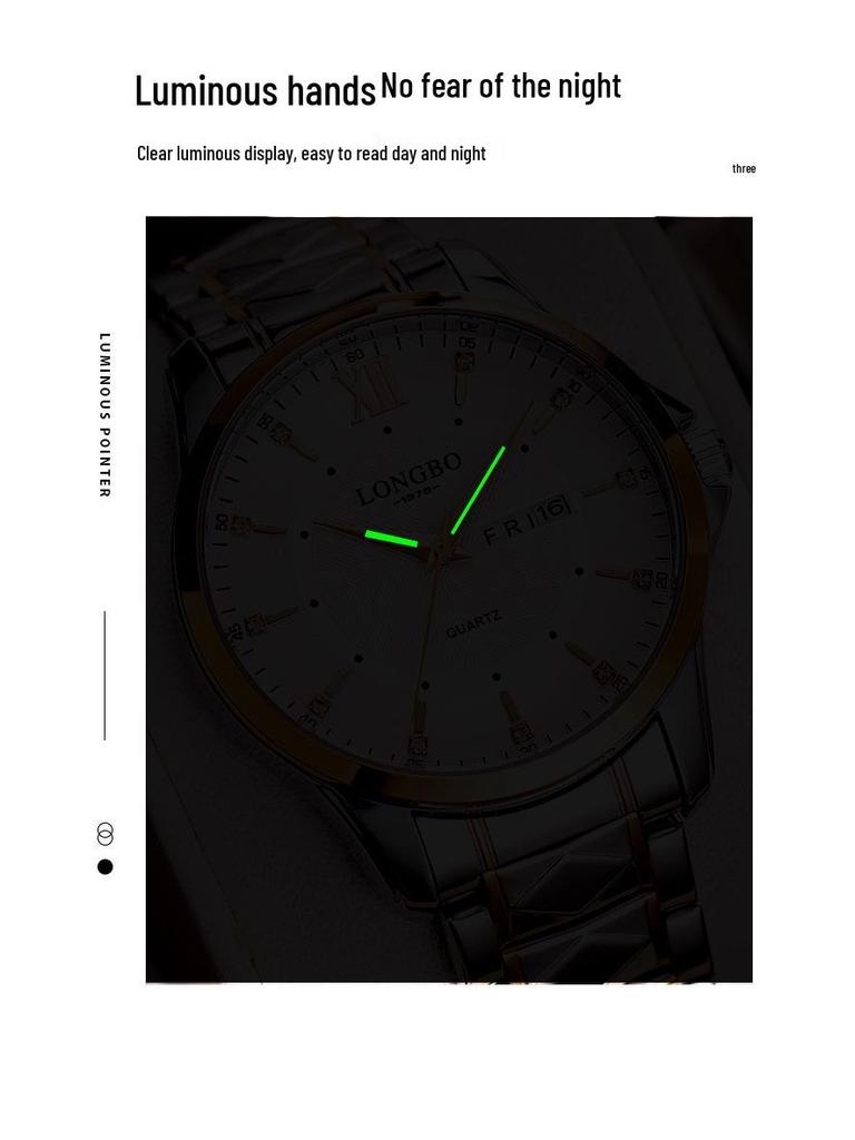 Longbo Men's Waterproof Luminous Korean Style Quartz Wristwatch with Double Calendar
