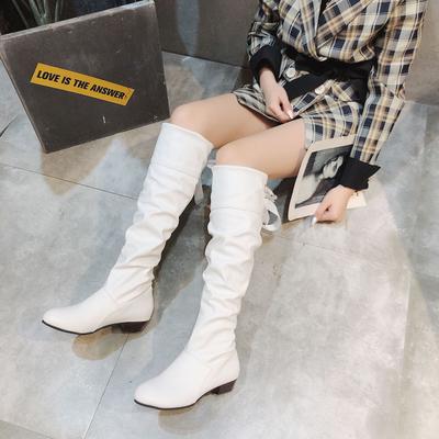 Shoes Women Knee High Boots Red Black White Boots Pleated Low Heel Casual Leather Long Shoes