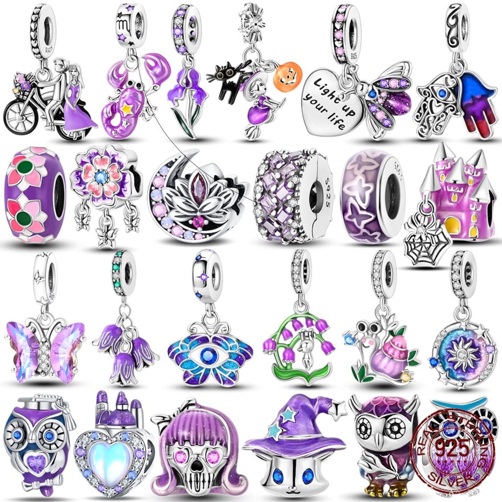 Purple Color Charm Bead Charms Bead Charms Genuine copper Cute Owl Butterfly Flower Pendants Compatible With Authentic Accessories Bracelets Do It You