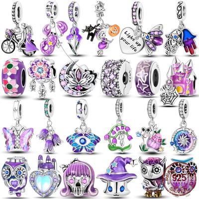 Purple Color Charms Beads Real Copper Cute Owl Butterfly Flower Pendants Fit Original Accessories Bracelets Diy Jewelry Gift
