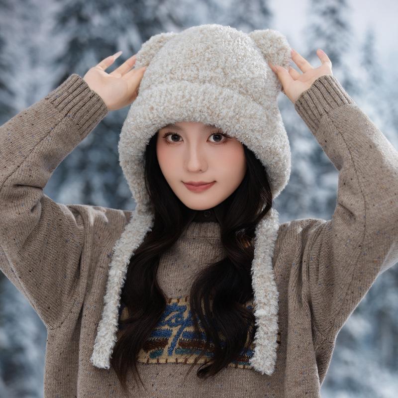 New Cute Little Bear Plush Ear Protection Hat Korean Version of Versatile Plush Thickened Warm Hat Showing Face and Small Cold Proof Hat
