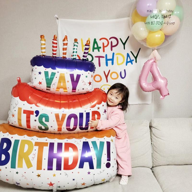 Happy Birthday Cake Balloons Large 3-Layer Color Candle Cake Balloons Bear Cake Ballon for Kid Birthday Party Baby Shower Decors