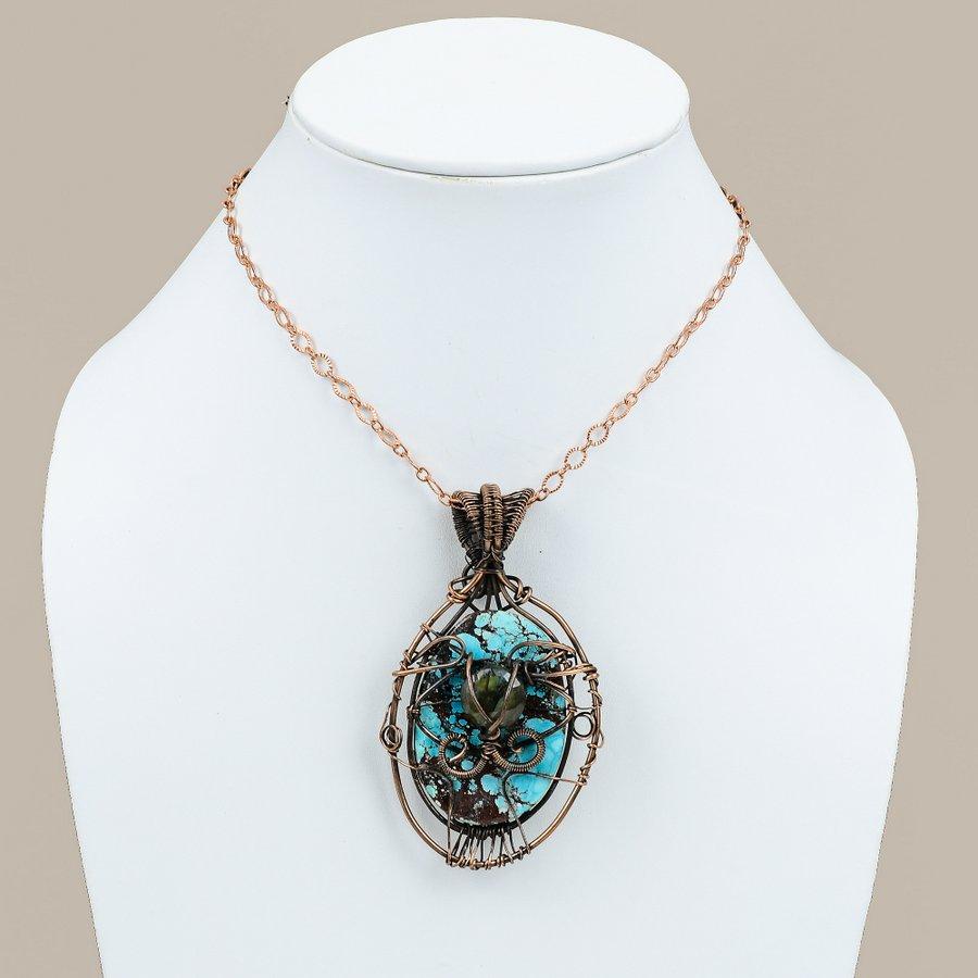 Tibetan Turquoise Handmade Copper Wire Wrap Jewelry Pendant 3.27" L6M69