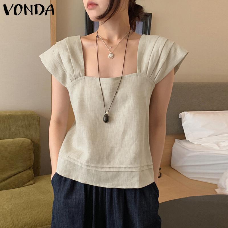 VONDA Women Square Collar Casual Pleated Short Sleeve Blouse Tops