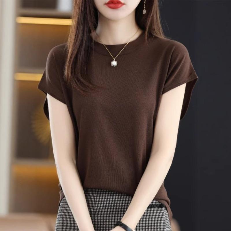Half High Neck Short Sleeved T-shirt for Women Summer Short Top for Sleeveless Knitted Vest