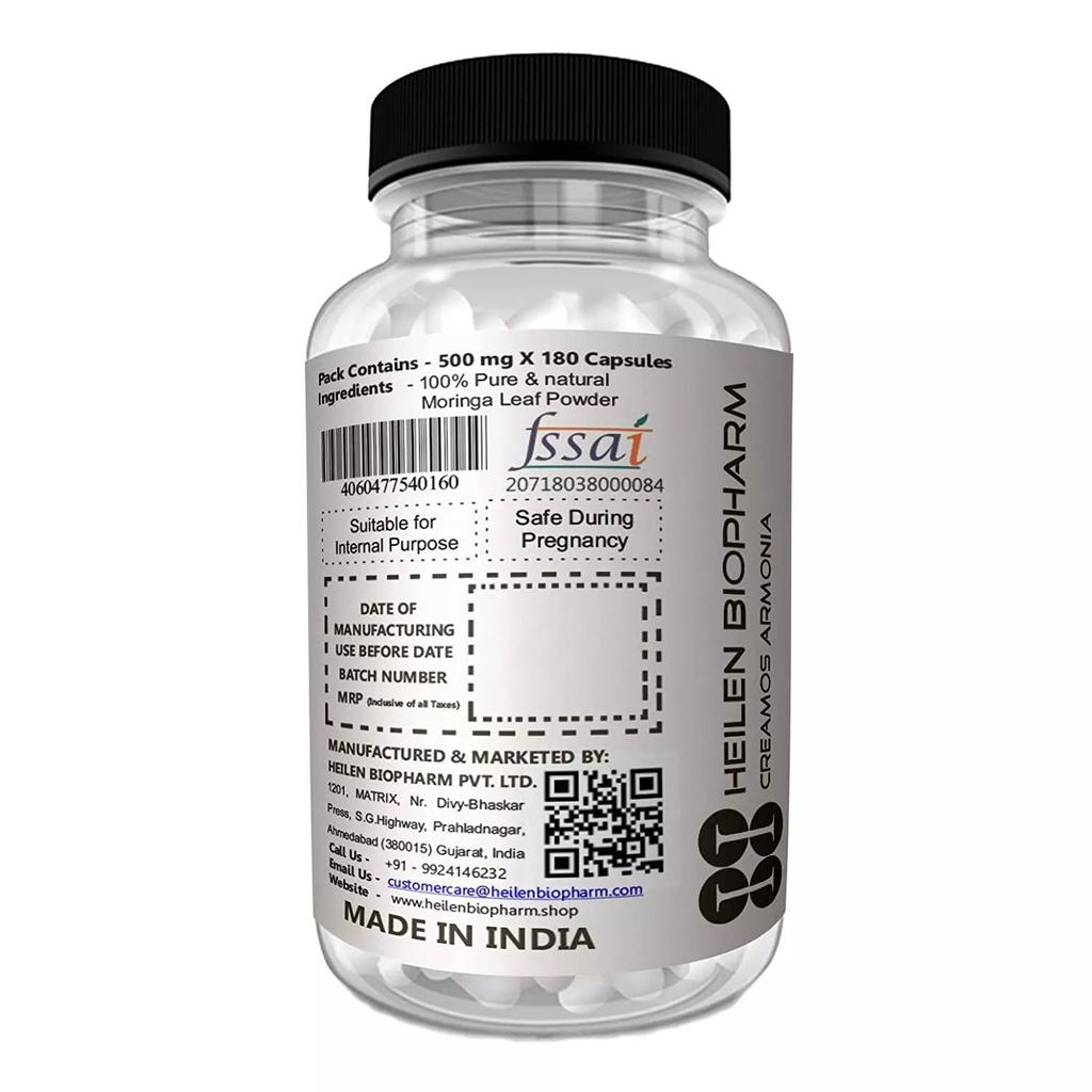 Folhas de moringa (180 cápsulas, 500 mg), Folha de Moringa Orgânica, Heilen Biopharma
