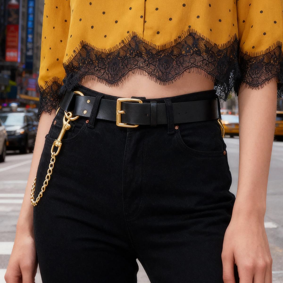 Women s Fashionable Chain Belt - Black Leather Belt with Silver Chain Detail for Everyday Style чёрный