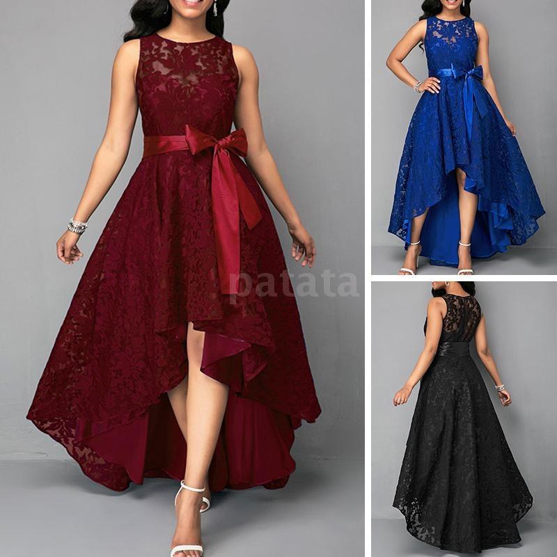 high low sleeveless belted lace dress