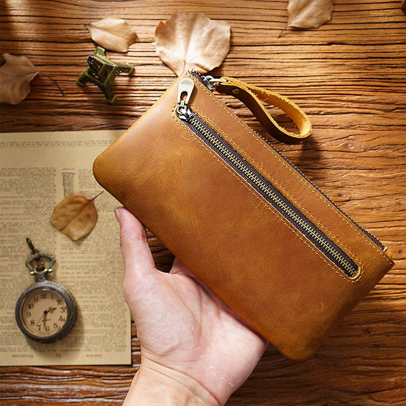 Fromthenon Retro Crazy Horse Leather Zipper Pen Bag Portable Large Capacity Pen Case Pencil Bag Teacher Bag Vintage Stationery
