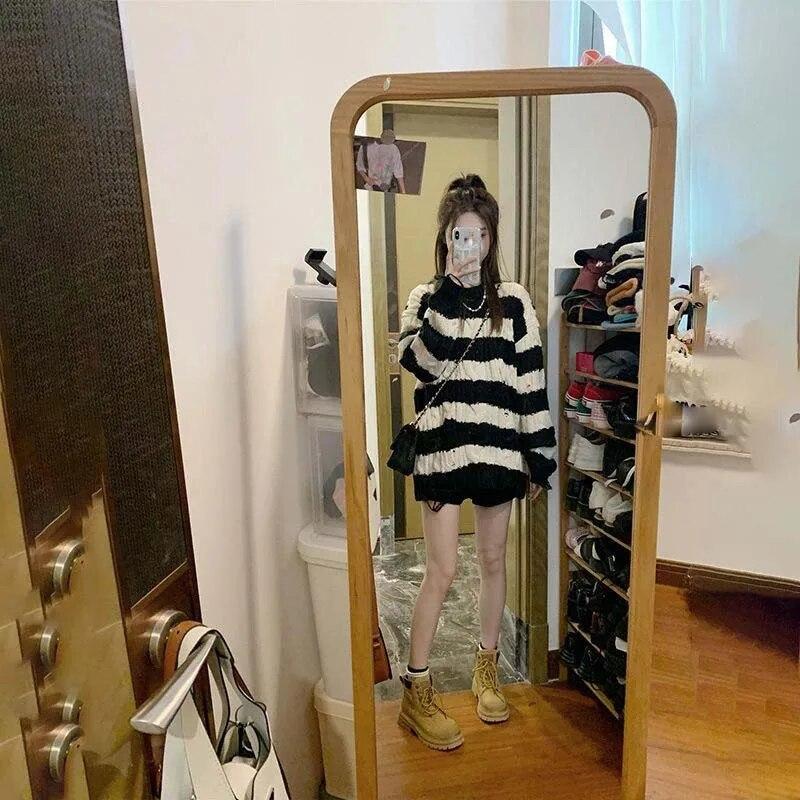 Punk Style Irregular Ripped Sweater Women's Striped Knit Pullover Loose Long-sleeve Crew Neck Top Twist Pullover Coat Korean Fashion