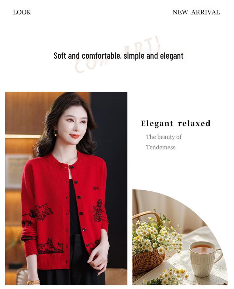 Women's Jacquard Wool Cardigan: Autumn/Winter Knitwear for Stylish Middle-Aged Mothers