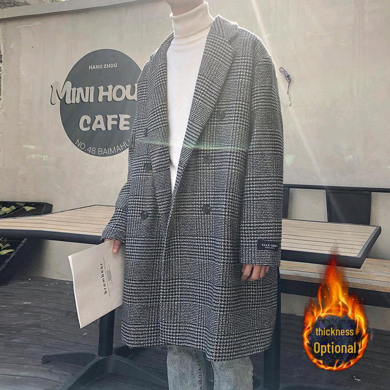 Herren Trendiger Doppelreiher Woll-Plaid Trenchcoat - Herbst/Winter Koreanischer Hong Kong Stil, Übergröße verfügbar