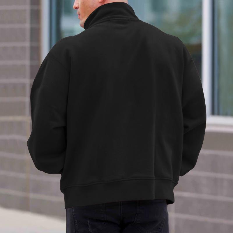 Autumn Winter Men's Plush Velvet Solid Long Sleeve Half Zip Polo Stand Collar Top