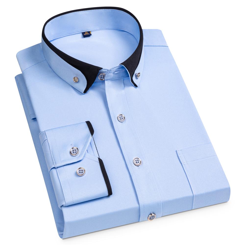 Men's Diamond Buttons & Contrast Collar Dress Shirt with Chest Pocket Long Sleeve Stretch Smooth Wrinkle-Free Easy Care Shirts