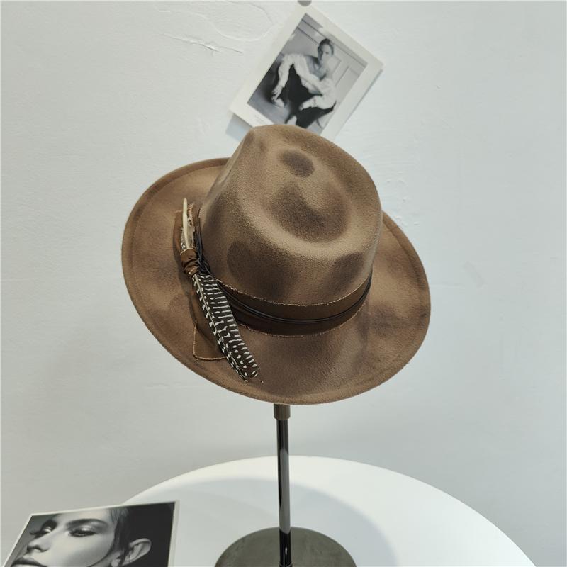 Design Spray Paint Fire Charred Wind Retro Old Woolen Jazz Hat Felt Top Hat Feather Decoration Flat Edge Hemming