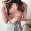 Women Tops V-neck Long Sleeve Slim Fit Pullover Sweater Solid Color Ribbed Bottom Sweater Elastic Knitwear