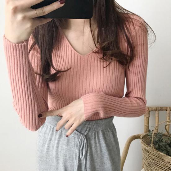 Women Tops V-neck Long Sleeve Slim Fit Pullover Sweater Solid Color Ribbed Bottom Sweater Elastic Knitwear
