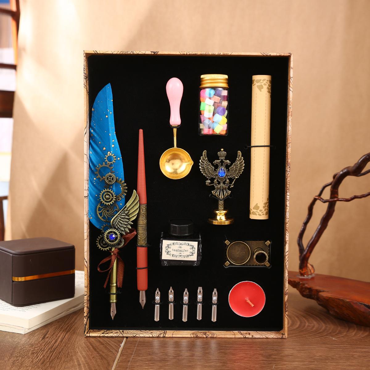 

Punk Quill Set Retro Mechanical Sprinkling Gold Feather Pen Dipping Pen Set Gift Box Teachers Day Gifts 0.5mm
