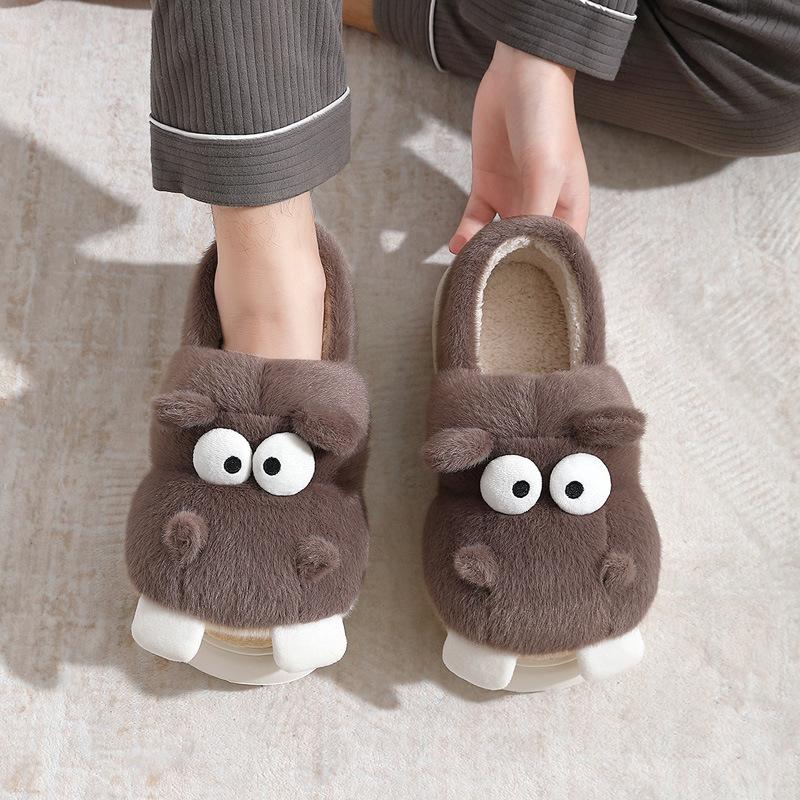 Cartoon hippo cotton shoes women's winter indoor home hair slippers cute warm velvet soft-soled cotton slippers men