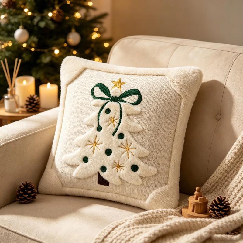 3D Christmas Tree Throw Pillow Covers Faux Plush Embroidered Xmas Tree Pattern Cushion Covers For Sofa Couch Home Decor