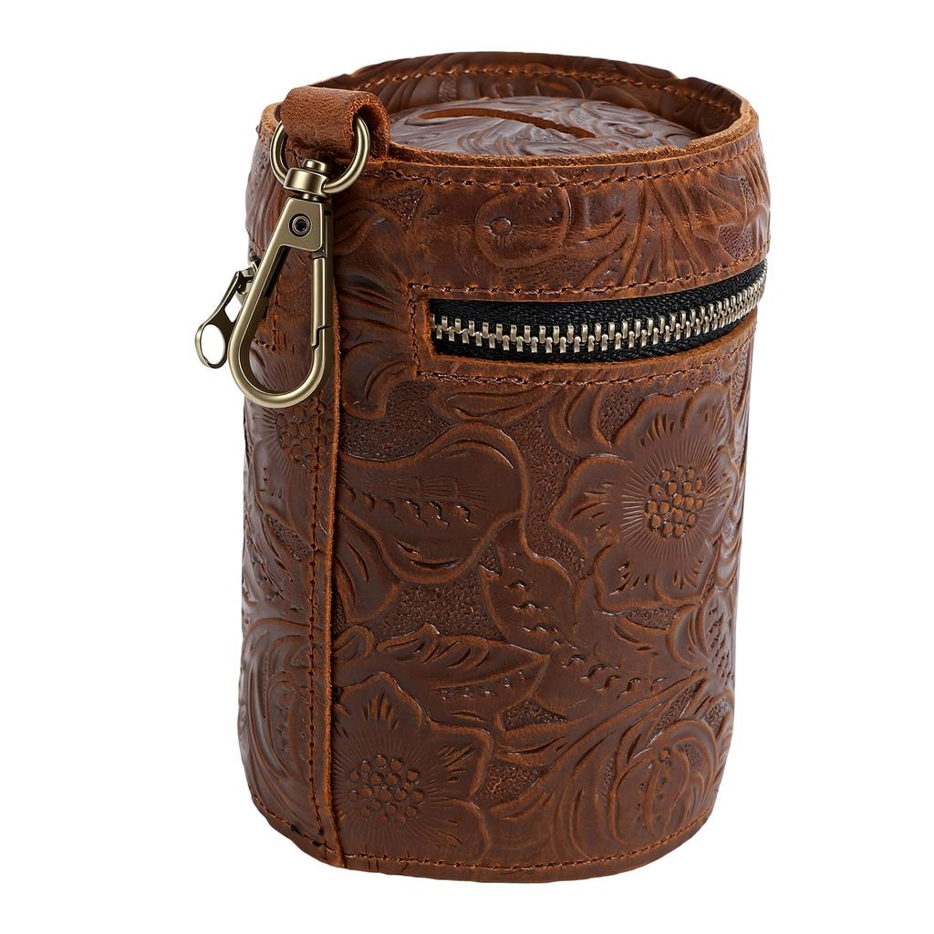 Bank Bucket Retro Carved Pattern Cylinder Portable Leather Zippered Bank