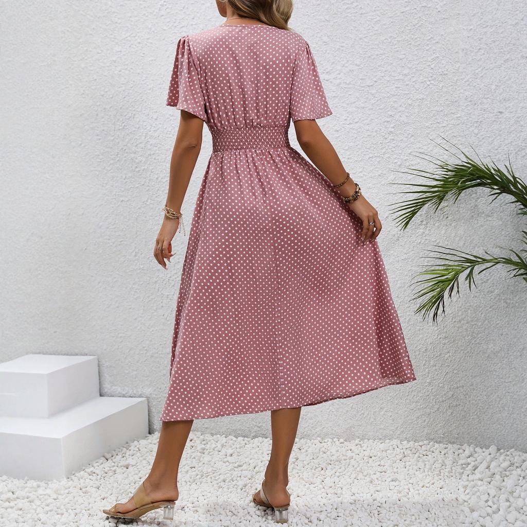 Dress For Women Long Boho Beach Dress Elegant Maxi Dress V-Neck Short Sleeve Dress With Pockets