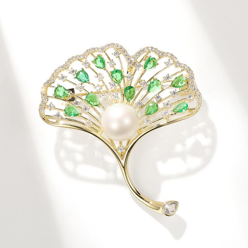 Korean Style Pearl  Agate Leaf Brooch - Elegant Ginkgo Flower Suit Pin Gift
