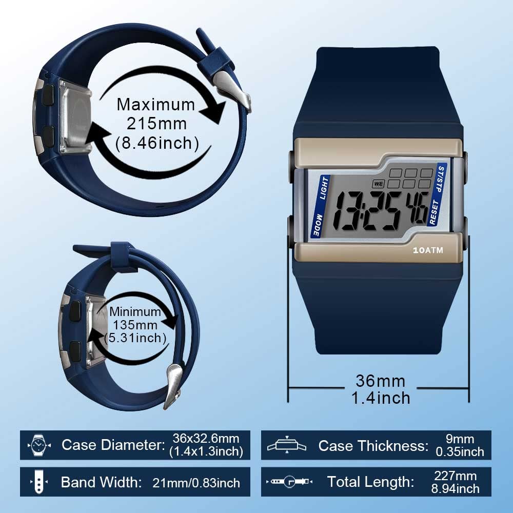 10 ATM Water Resistant Digital Wristwatch with Multiple Functions for Swimming Diving Lap Stopwatch, Alarm Clock, Calendar and Backlight