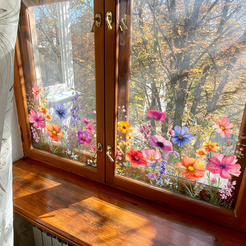 1pc Colorful Floral Bouquet Window Sticker, Plastic Flower Garden Decal For Living Room Bedroom, Home Wall Trim Decor