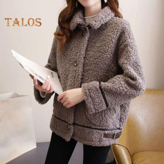 Zimowy damski płaszcz jednorzędowy kołnierz wykładany długie rękawy luźny gruby pluszowy kieszenie pasek ozdobny wiatroszczelna ciepła kurtka