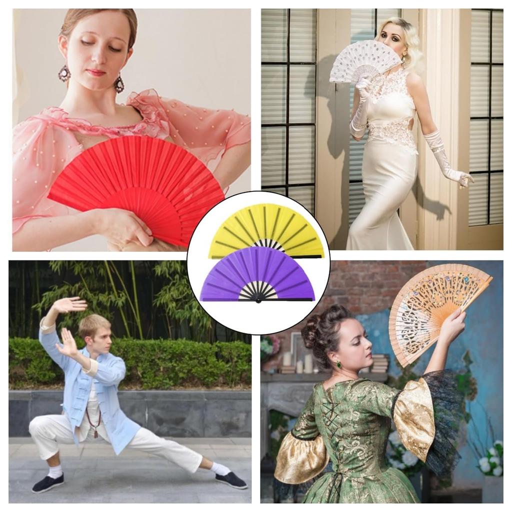 Stor Vikbar Nylon Tyg Handhållen Vikbar Perfekt Fest Kinesisk Kung Fu Tai Chi Handhållen Perfekt för Festivaler och Rave Plastben Handfläkt för