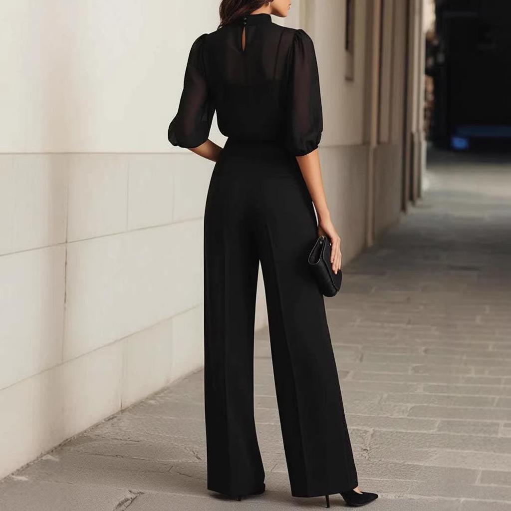 European & American Summer Fashion: Women's Slimming Printed Short Sleeve Top & Wide-Leg Pants Three-Piece Set