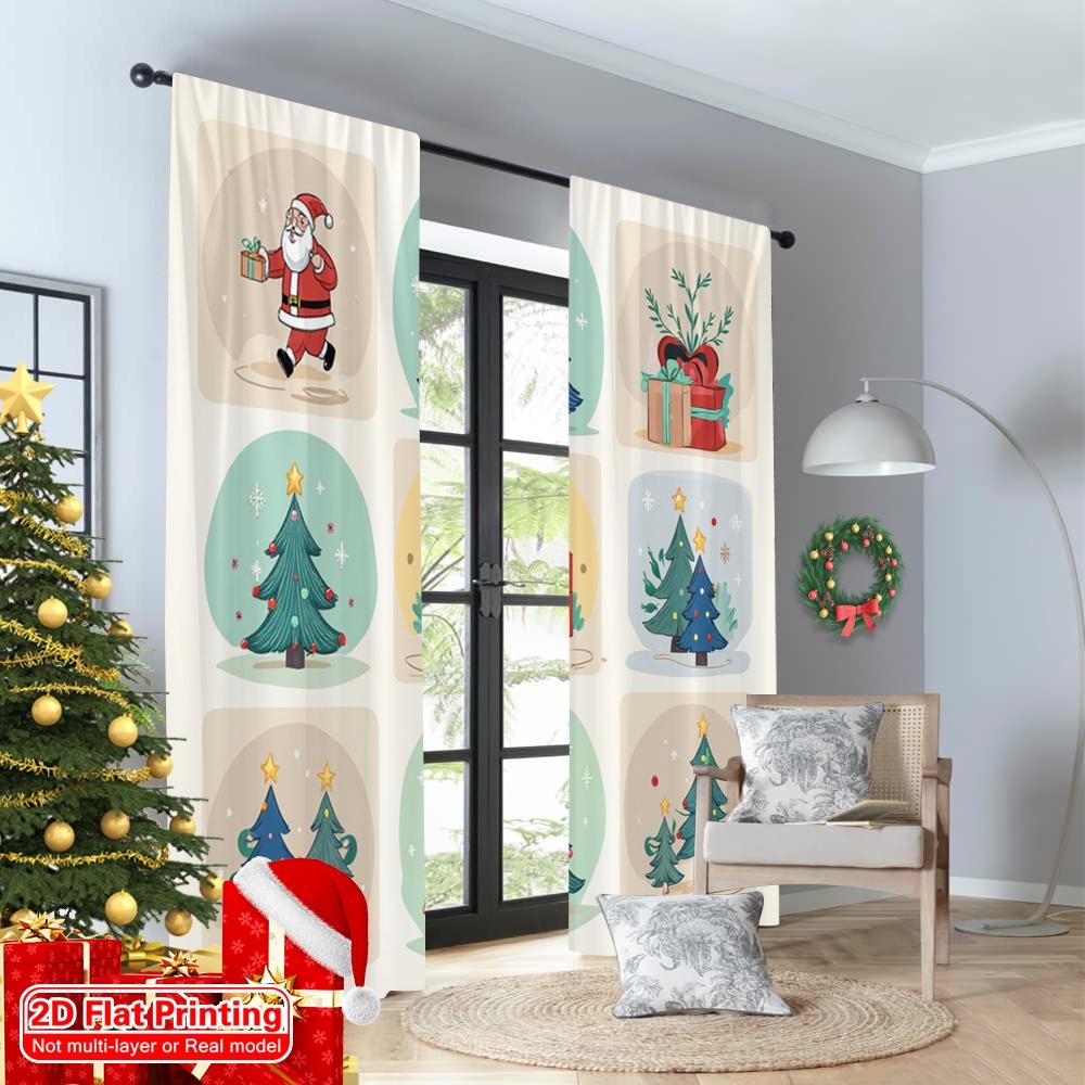 2 szt. płaski nadruk 2D Wesołych Świąt Popularne Party Zasłony okienne Święty Mikołaj Choinka Gwiazdki Prezenty 100% Poliester Bez