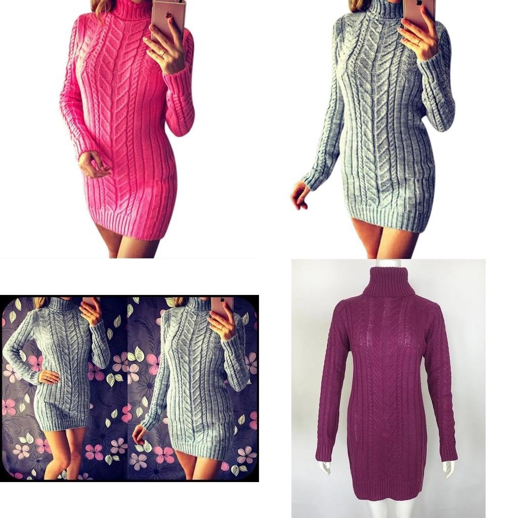 Vestito Sexy Autunnale e Invernale in Maglia Vestibilità Aderente e Collo Alto Design a Treccia