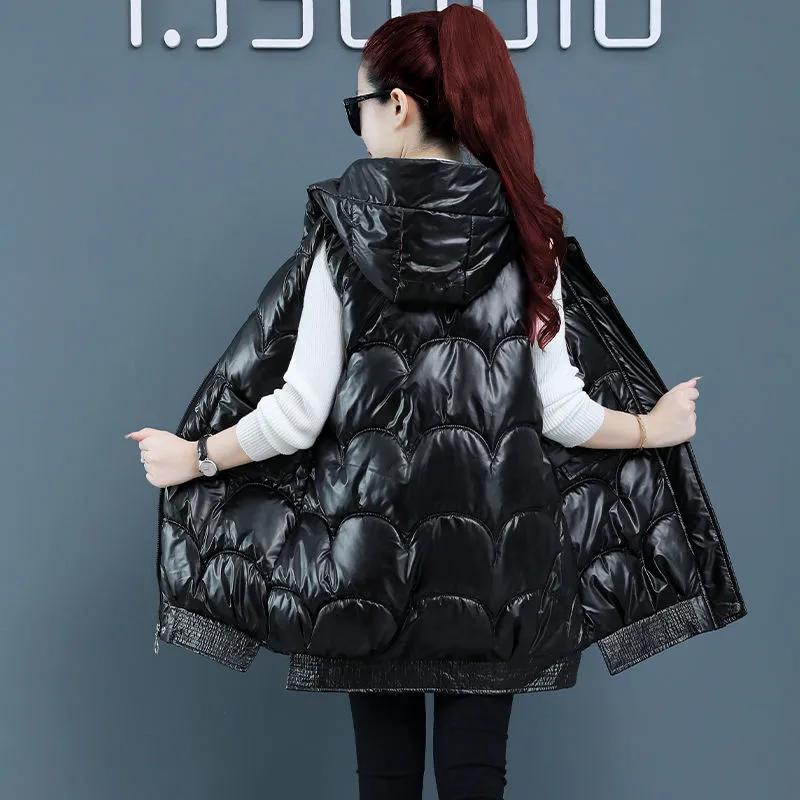 Damer Høst og Vinter Mellomlang Lett Vaskefri Blank Kåpe Ensfarget Hette Yttertøy Vester