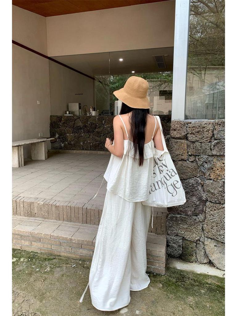 Elegant White Women's Summer 2026 Fashion: Ruffled Camisole & Wide-Leg Pants Skirt Set