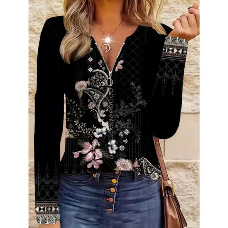 Women's Creative Printed Zipper Long-sleeved T-shirt, Breathable, Soft and Comfortable, Suitable for All-year-round Casual Wear