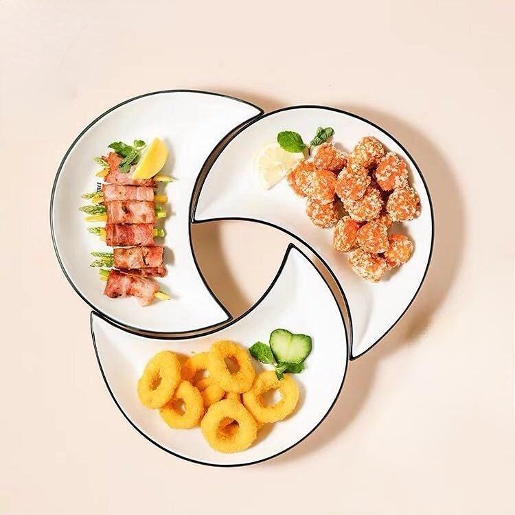 

Керамический обеденный сервиз из 3/6 предметов, сервировочный стол для воссоединения, сервировочная тарелка в форме луны, комбинированная раскладка керамических тарелок, посудомоечная машина и микроволновая печь 3pcs белый