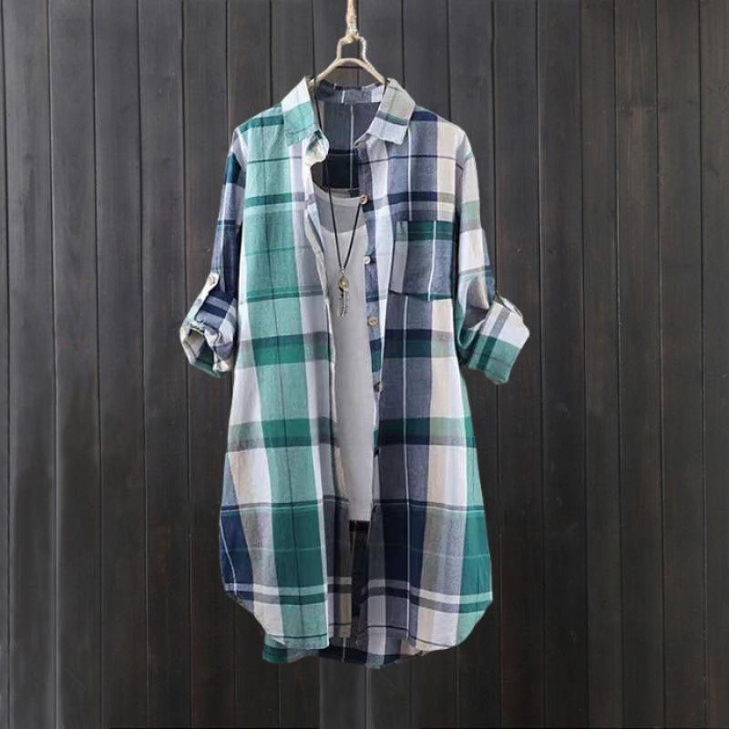 Women Casual Plaid Shirt Long Sleeve Spring Summer Thin Coat Sun Protection Loose Fit Oversized Button Up Shirt Mid-length