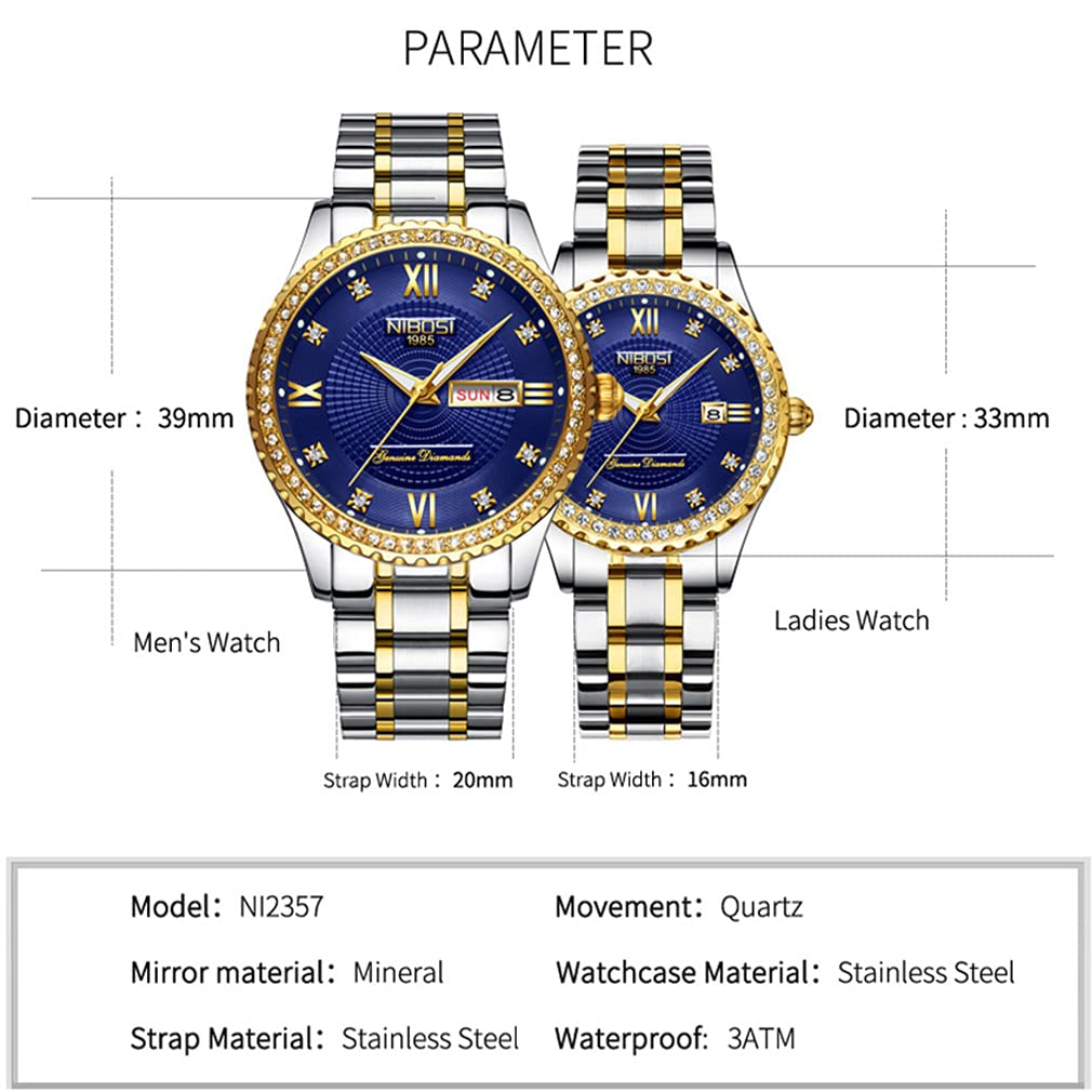 Popular Matching Watches for Men and Luxury Watch Set with and Classic Stainless Perfect for Weddings or As a Couple's Watches, Women, Diamonds, Gold,