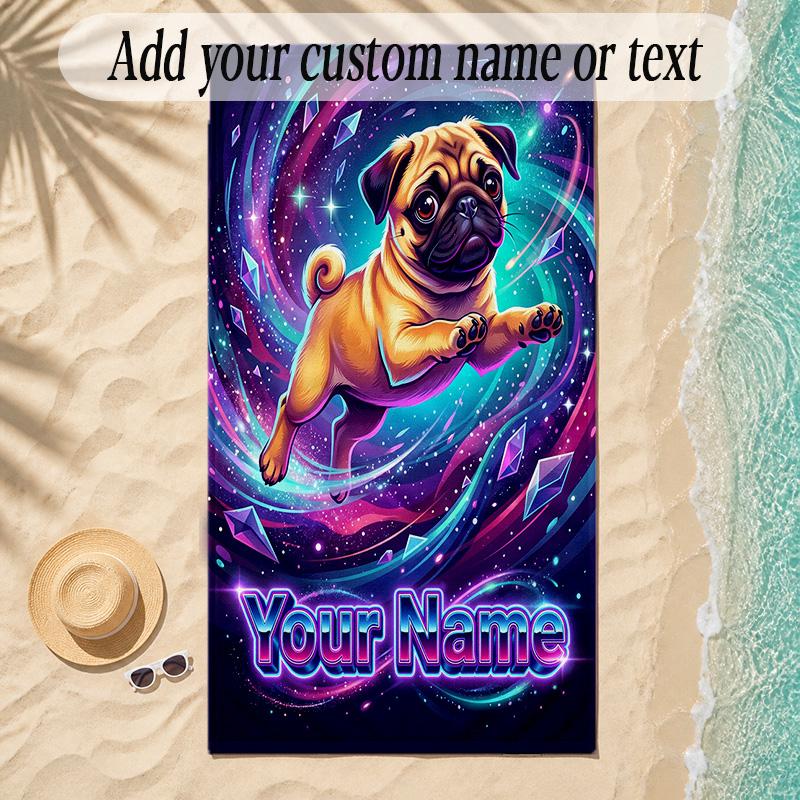 Pug Theme Soft Beach Towel Personalized Custom Name Text Towel Portable for Beach Pool Travel