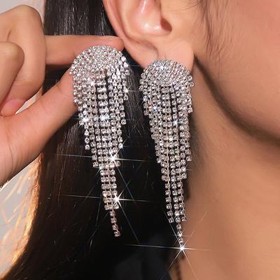 Sparkling Full Diamond Tassel Long Earrings Senior Sense Temperament Rhinestone Women's Earrings 1 Pair