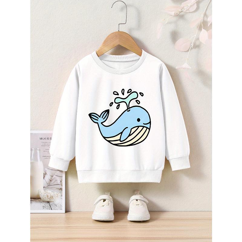Kids Cartoon Whale Print Crew Neck Sweatshirt - Casual Pullover with Applique, Regular Fit, Slight Stretch, Perfect for Spring & Fall