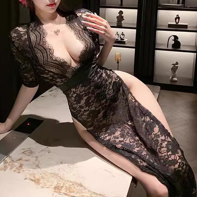 Sexy lingerie Lace tight slit deep V-long skirt with transparent hollow out passionate Plus size dresses sexy clothes latex sexy