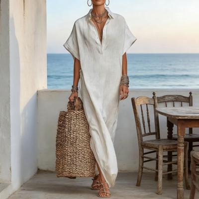 Summer Cotton Linen Dress for Women Short Sleeve Button Up Long Dress Casual Loose Beach Tunic Sundress