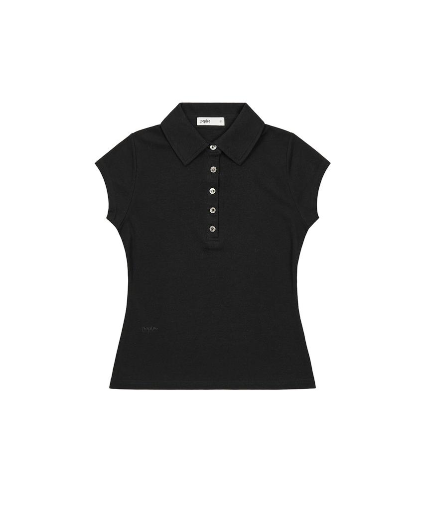 Pepeulli Button Cap Sleeve Collar Tee (Black)