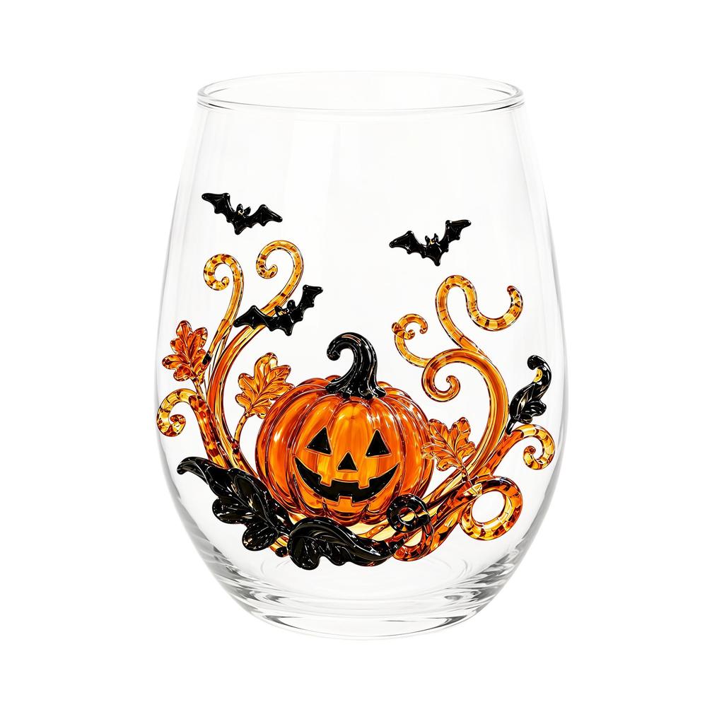 2D Halloween Artisan Glassware Collection, Drinking Glasses with Raised Pumpkin Ghost Black Cat Web Design, Spooky Clear Cups for Cocktails Juice