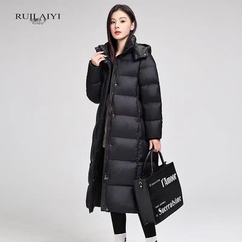

RUILAIYI Женский удлиненный пуховик с капюшоном из утолщенного пуха белой утки XL
